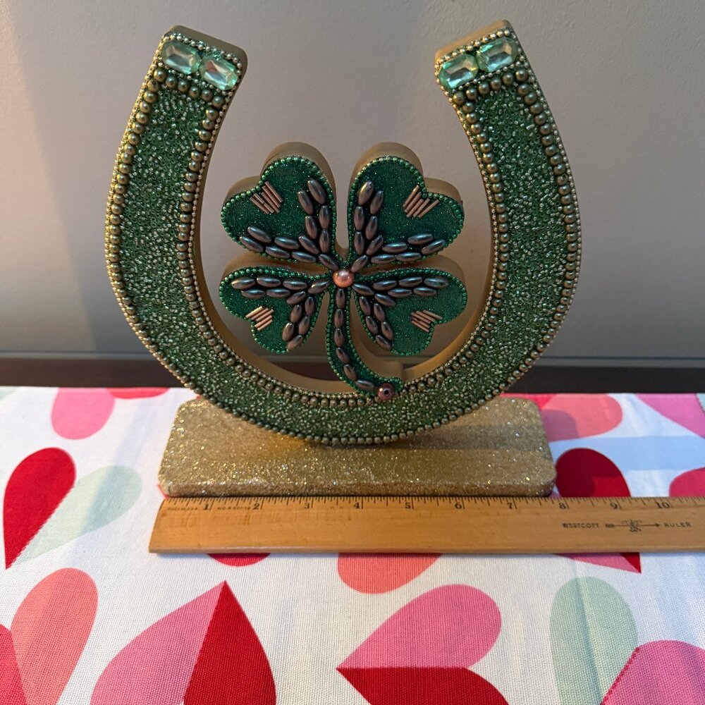 St. Patrick's Day Green Horseshoe Shamrock Beaded Figurine Tabletop Decor NWT 9"